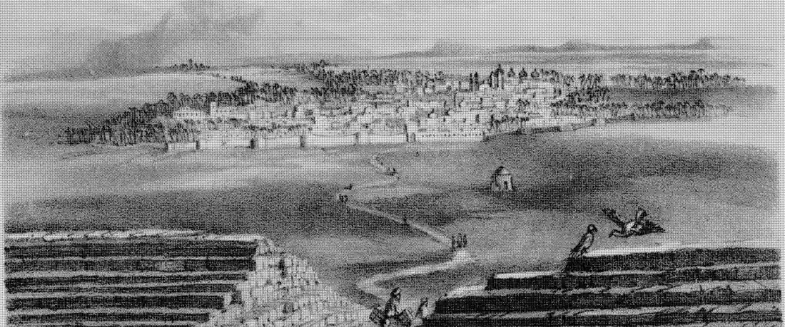 Gravure de 1857 montrant la ville de Médine et sa palmeraie vues de loin