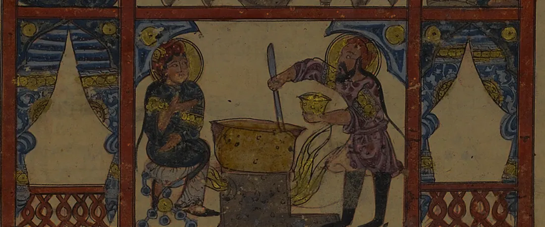 Feuillet enluminé d’une traduction arabe du De materia medica de Dioscoride : la préparation d’un remède au miel, 1224